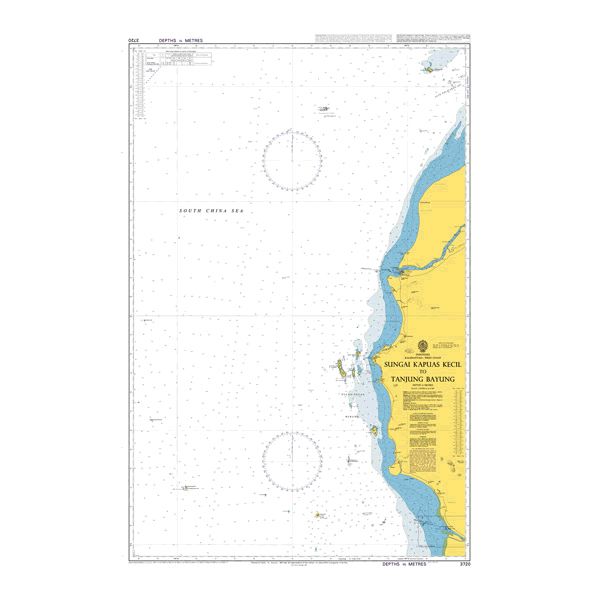 Product image of Admiralty Chart 3720 | Sungai Kapuas Kecil to Tanjung Bayung, featuring navigational markings, depth soundings, and coastal features, essential for safe marine navigation. It could be displayed as an art piece or used for navigation on a boat or ship.