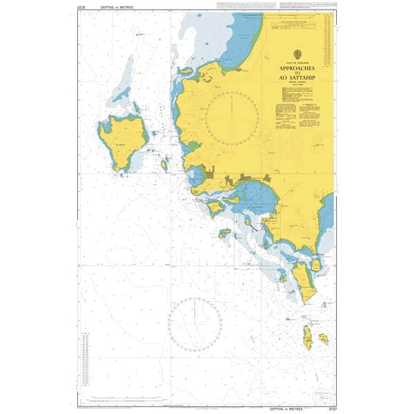 Product image of Admiralty Chart 3727 | Approaches to Ao Sattahip, featuring navigational markings, depth soundings, and coastal features, essential for safe marine navigation. It could be displayed as an art piece or used for navigation on a boat or ship.