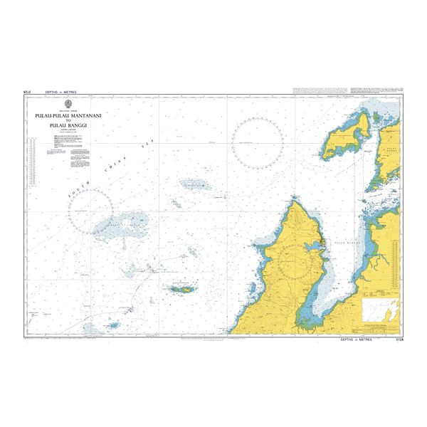 Product image of Admiralty Chart 3728 | Pulau-Pulau Mantanani to Pulau Banggi, featuring navigational markings, depth soundings, and coastal features, essential for safe marine navigation. It could be displayed as an art piece or used for navigation on a boat or ship.