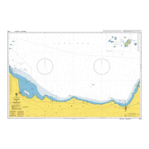 Product image of Admiralty Chart 3730 | Cirebon to Semarang, featuring navigational markings, depth soundings, and coastal features, essential for safe marine navigation. It could be displayed as an art piece or used for navigation on a boat or ship.