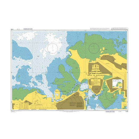 Product image of Admiralty Chart 3735 | Mina' Al Manamah and Approaches, featuring navigational markings, depth soundings, and coastal features, essential for safe marine navigation. It could be displayed as an art piece or used for navigation on a boat or ship.