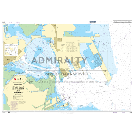 Product image of Admiralty Chart 3736 | Mina' Salman and Approaches, featuring navigational markings, depth soundings, and coastal features, essential for safe marine navigation. It could be displayed as an art piece or used for navigation on a boat or ship.