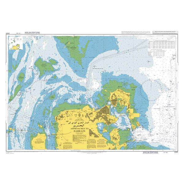 Product image of Admiralty Chart 3737 | Approaches to Bahrain, featuring navigational markings, depth soundings, and coastal features, essential for safe marine navigation. It could be displayed as an art piece or used for navigation on a boat or ship.