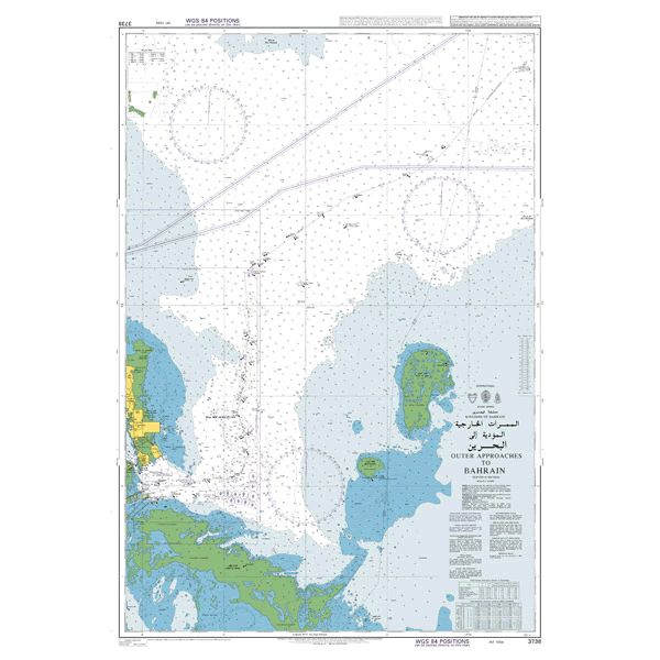 Product image of Admiralty Chart 3738 | Outer Approaches to Bahrain, featuring navigational markings, depth soundings, and coastal features, essential for safe marine navigation. It could be displayed as an art piece or used for navigation on a boat or ship.