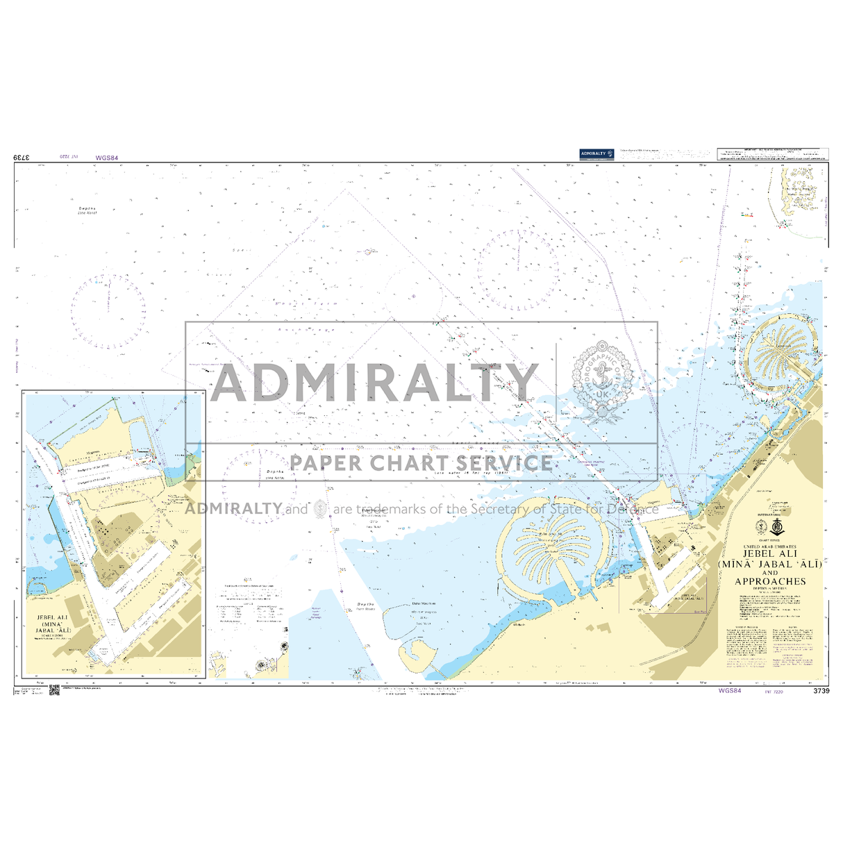 Product image of Admiralty Chart 3739 | Jebel Ali (Mina' Jabal 'Ali) and Approaches, featuring navigational markings, depth soundings, and coastal features, essential for safe marine navigation. It could be displayed as an art piece or used for navigation on a boat or ship.