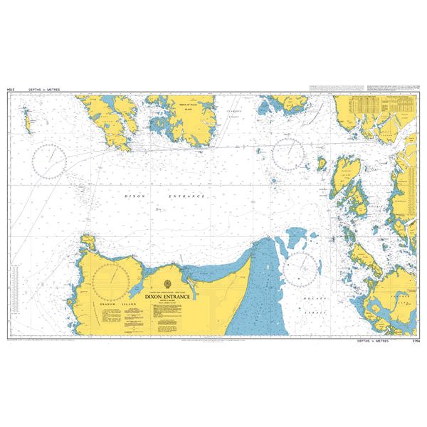 Product image of Admiralty Chart 3754 | Dixon Entrance, featuring navigational markings, depth soundings, and coastal features, essential for safe marine navigation. It could be displayed as an art piece or used for navigation on a boat or ship.