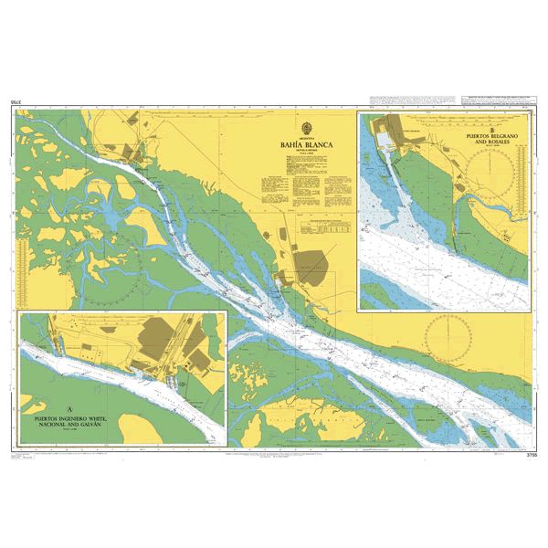 Product image of Admiralty Chart 3755 | Bahia Blanca, featuring navigational markings, depth soundings, and coastal features, essential for safe marine navigation. It could be displayed as an art piece or used for navigation on a boat or ship.