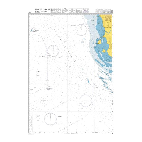 Product image of Admiralty Chart 3757 | Gosong Aling to Pulau Pesemut, featuring navigational markings, depth soundings, and coastal features, essential for safe marine navigation. It could be displayed as an art piece or used for navigation on a boat or ship.