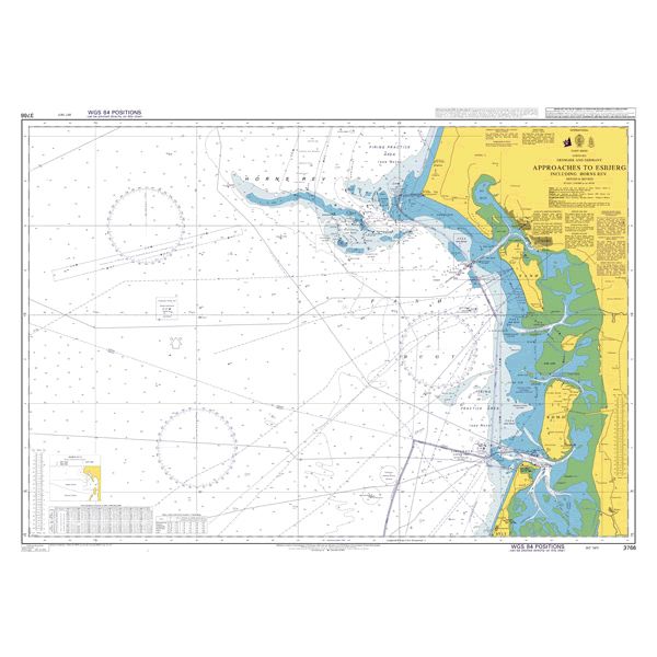 Product image of Admiralty Chart 3766 | Approaches to Esbjerg including Horns Rev, featuring navigational markings, depth soundings, and coastal features, essential for safe marine navigation. It could be displayed as an art piece or used for navigation on a boat or ship.