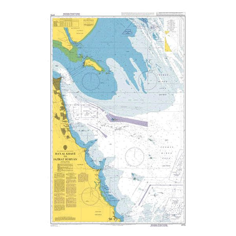 Product image of Admiralty Chart 3773 | Ra's Al Khafji to Jazirat Bubiyan, featuring navigational markings, depth soundings, and coastal features, essential for safe marine navigation. It could be displayed as an art piece or used for navigation on a boat or ship.