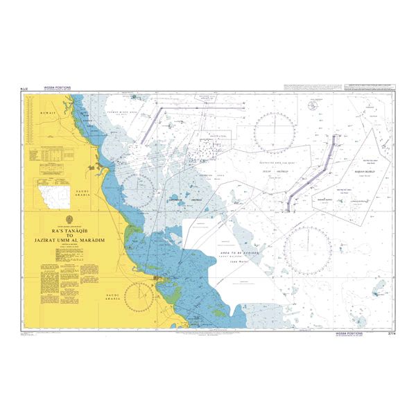 Product image of Admiralty Chart 3774 | Ra's Tanaqib to Jazirat Umm al Maradim, featuring navigational markings, depth soundings, and coastal features, essential for safe marine navigation. It could be displayed as an art piece or used for navigation on a boat or ship.