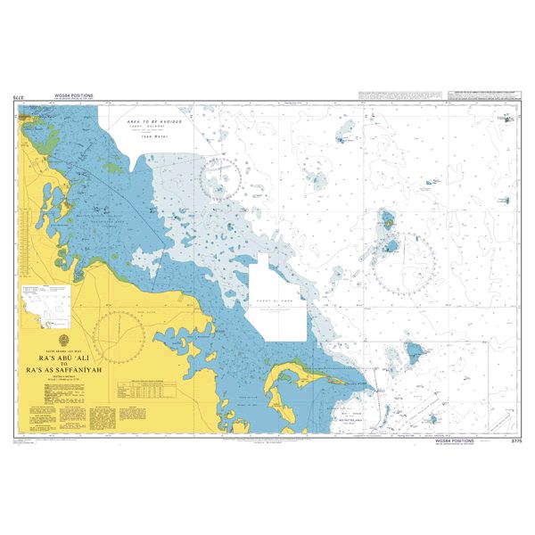 Product image of Admiralty Chart 3775 | Ra's Abu `Ali to Ra's as Saffaniyah, featuring navigational markings, depth soundings, and coastal features, essential for safe marine navigation. It could be displayed as an art piece or used for navigation on a boat or ship.