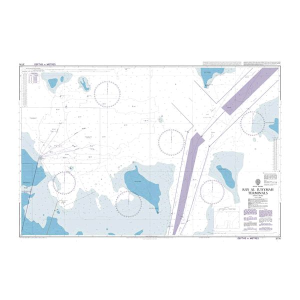 Product image of Admiralty Chart 3776 | Ra's al Ju`aymah Terminals, featuring navigational markings, depth soundings, and coastal features, essential for safe marine navigation. It could be displayed as an art piece or used for navigation on a boat or ship.