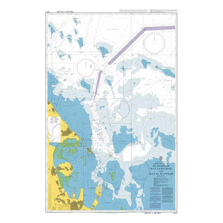 Product image of Admiralty Chart 3777 | Approaches to Ad Dammam Ra's Tannurah and Ra's al Ju`aymah, featuring navigational markings, depth soundings, and coastal features, essential for safe marine navigation. It could be displayed as an art piece or used for navigation on a boat or ship.