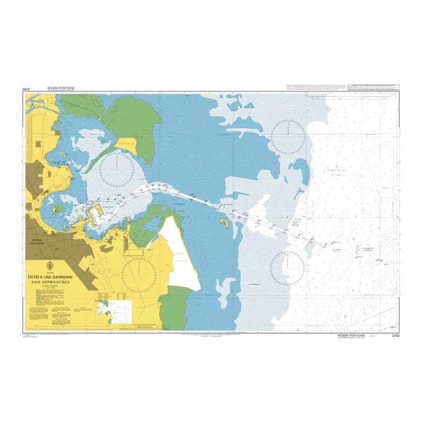 Product image of Admiralty Chart 3782 | Doha (Ad Dawhah) and Approaches, featuring navigational markings, depth soundings, and coastal features, essential for safe marine navigation. It could be displayed as an art piece or used for navigation on a boat or ship.