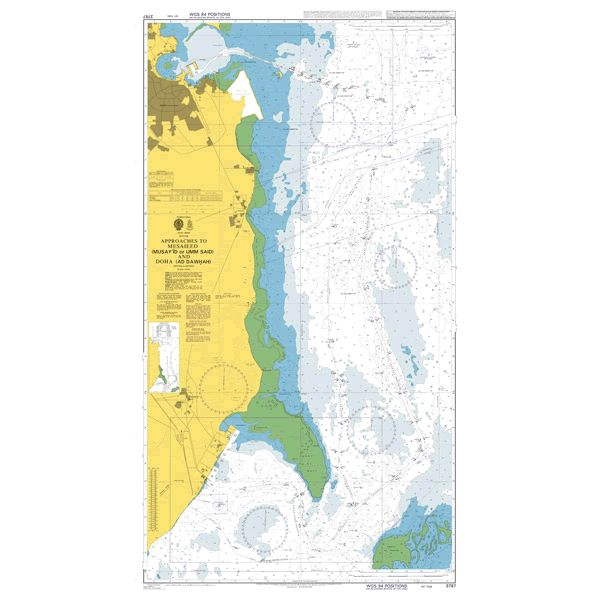 Product image of Admiralty Chart 3787 | Approaches to Mesaieed (Musay 'id or Umm Said), Hamad Port and Doha (Ad Dawhah), featuring navigational markings, depth soundings, and coastal features, essential for safe marine navigation. It could be displayed as an art piece or used for navigation on a boat or ship.