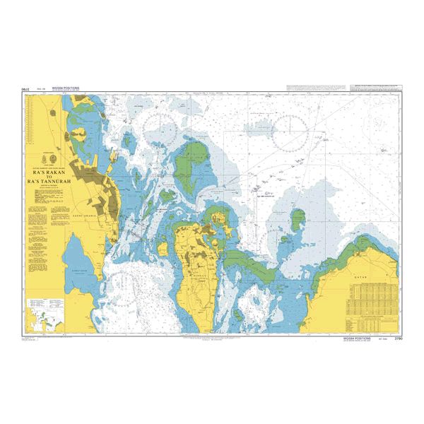 Product image of Admiralty Chart 3790 | Ra's Rakan to Ra's Tannurah, featuring navigational markings, depth soundings, and coastal features, essential for safe marine navigation. It could be displayed as an art piece or used for navigation on a boat or ship.