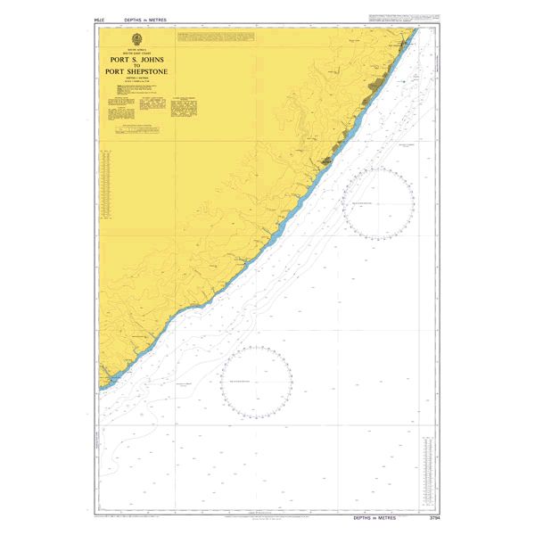 Product image of Admiralty Chart 3794 | Port S. Johns to Port Shepstone, featuring navigational markings, depth soundings, and coastal features, essential for safe marine navigation. It could be displayed as an art piece or used for navigation on a boat or ship.