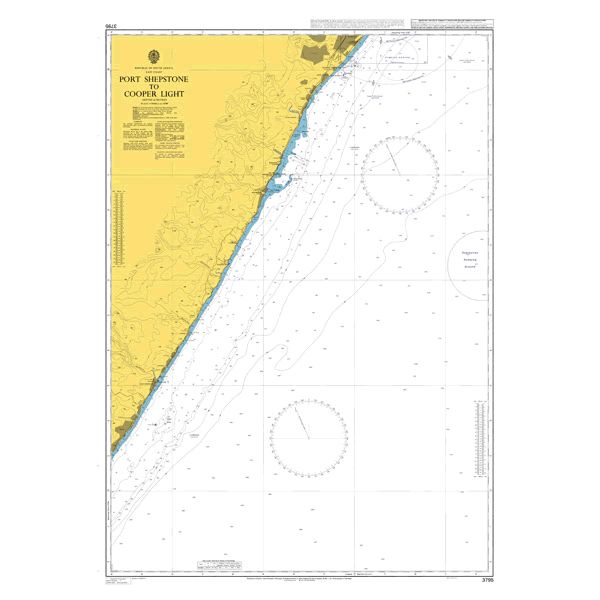 Product image of Admiralty Chart 3795 | Port Shepstone to Cooper Light, featuring navigational markings, depth soundings, and coastal features, essential for safe marine navigation. It could be displayed as an art piece or used for navigation on a boat or ship.