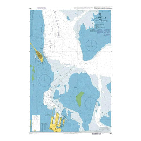 Product image of Admiralty Chart 3812 | Ad Dammam and Ra's Tannurah, featuring navigational markings, depth soundings, and coastal features, essential for safe marine navigation. It could be displayed as an art piece or used for navigation on a boat or ship.