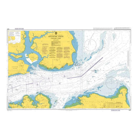 Product image of Admiralty Chart 3831 | Singapore Strait Eastern Part, featuring navigational markings, depth soundings, and coastal features, essential for safe marine navigation. It could be displayed as an art piece or used for navigation on a boat or ship.