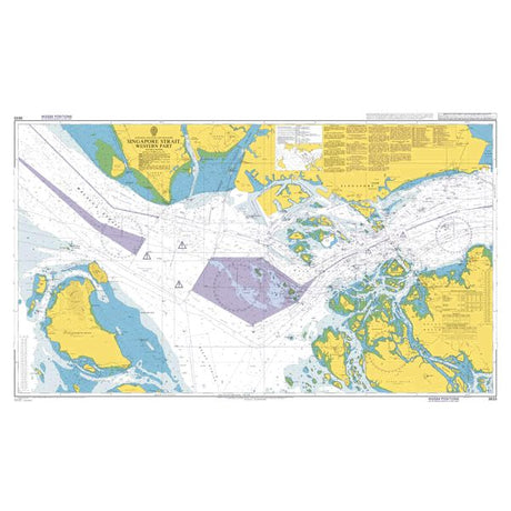 Product image of Admiralty Chart 3833 | Singapore Strait Western Part, featuring navigational markings, depth soundings, and coastal features, essential for safe marine navigation. It could be displayed as an art piece or used for navigation on a boat or ship.