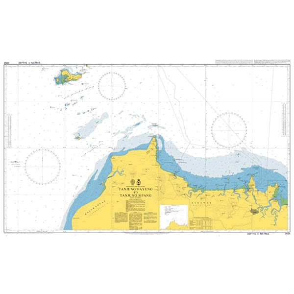 Product image of Admiralty Chart 3834 | Tanjung Bayung to Tanjung Sipang, featuring navigational markings, depth soundings, and coastal features, essential for safe marine navigation. It could be displayed as an art piece or used for navigation on a boat or ship.