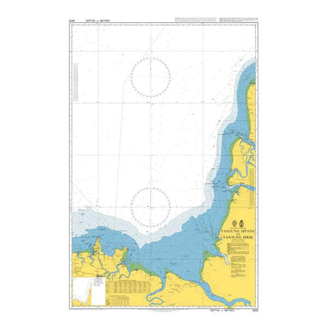 Product image of Admiralty Chart 3835 | Tanjung Sipang to Tanjung Sirik, featuring navigational markings, depth soundings, and coastal features, essential for safe marine navigation. It could be displayed as an art piece or used for navigation on a boat or ship.