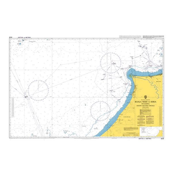 Product image of Admiralty Chart 3838 | Kuala Niah to Seria including South Luconia Shoals, featuring navigational markings, depth soundings, and coastal features, essential for safe marine navigation. It could be displayed as an art piece or used for navigation on a boat or ship.