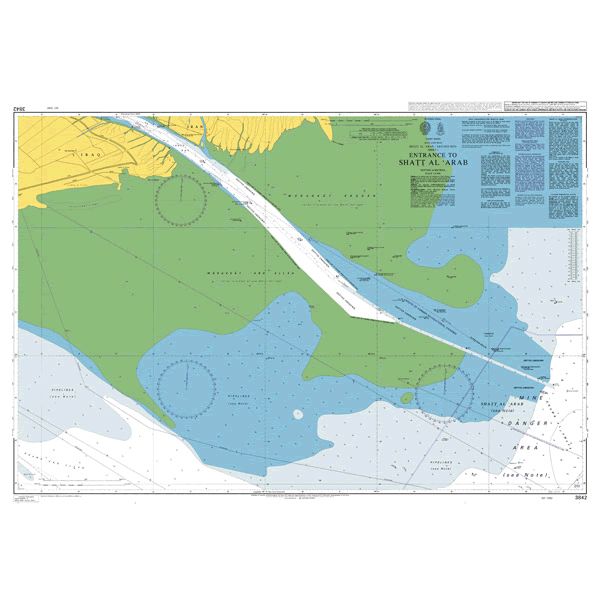 Product image of Admiralty Chart 3842 | Entrance to Shatt al `Arab, featuring navigational markings, depth soundings, and coastal features, essential for safe marine navigation. It could be displayed as an art piece or used for navigation on a boat or ship.