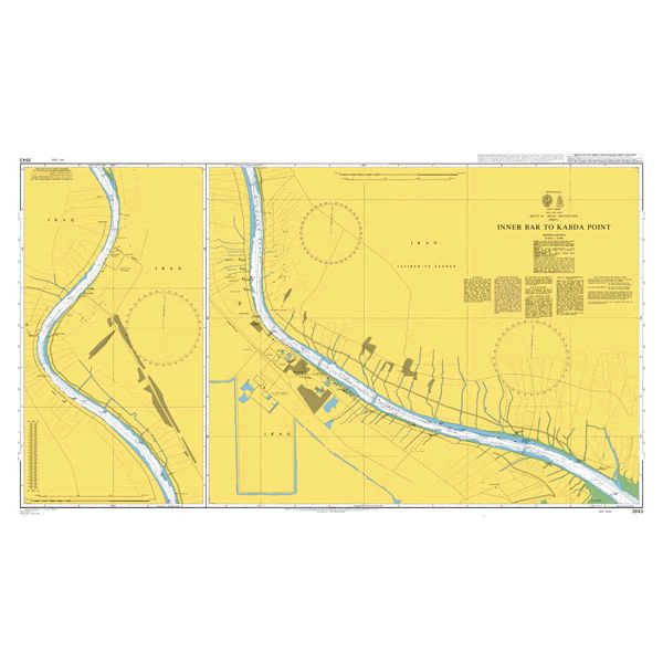 Product image of Admiralty Chart 3843 | Inner Bar to Kabda Point, featuring navigational markings, depth soundings, and coastal features, essential for safe marine navigation. It could be displayed as an art piece or used for navigation on a boat or ship.