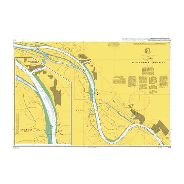 Product image of Admiralty Chart 3845 | Abadan to Jazirat Umm at Tuwaylah, featuring navigational markings, depth soundings, and coastal features, essential for safe marine navigation. It could be displayed as an art piece or used for navigation on a boat or ship.