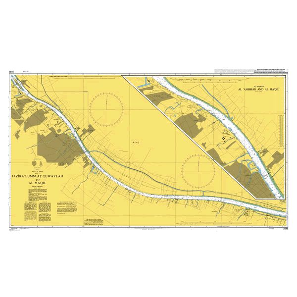 Product image of Admiralty Chart 3846 | Jazirat Umm at Tuwaylah to Al Ma`qil, featuring navigational markings, depth soundings, and coastal features, essential for safe marine navigation. It could be displayed as an art piece or used for navigation on a boat or ship.