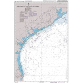Product image of Admiralty Chart 3849 | Brownsville to Galveston Bay, featuring navigational markings, depth soundings, and coastal features, essential for safe marine navigation. It could be displayed as an art piece or used for navigation on a boat or ship.