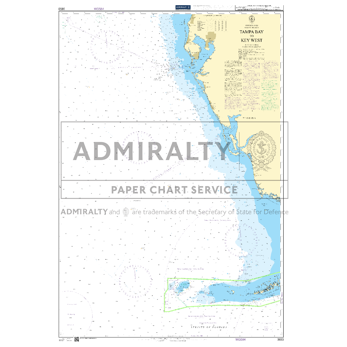 Product image of Admiralty Chart 3853 | Tampa Bay to Key West, featuring navigational markings, depth soundings, and coastal features, essential for safe marine navigation. It could be displayed as an art piece or used for navigation on a boat or ship.