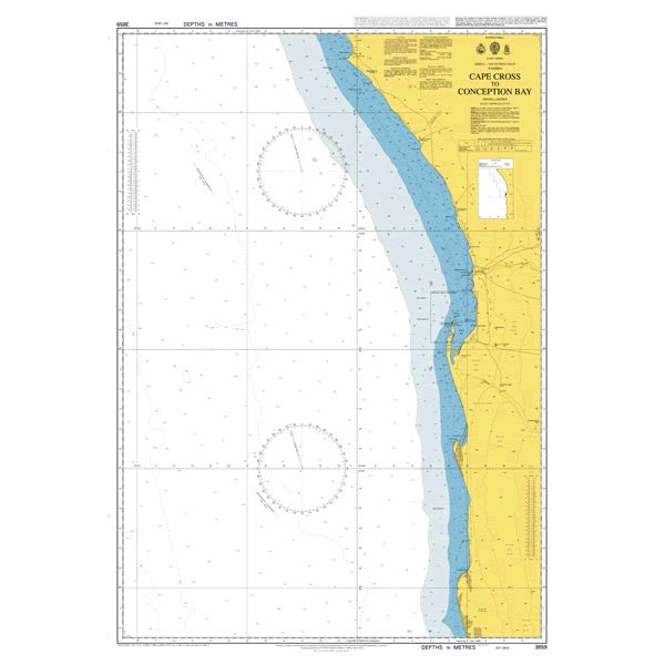 Product image of Admiralty Chart 3859 | Cape Cross to Conception Bay, featuring navigational markings, depth soundings, and coastal features, essential for safe marine navigation. It could be displayed as an art piece or used for navigation on a boat or ship.