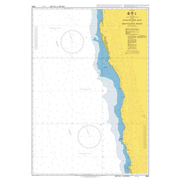 Product image of Admiralty Chart 3860 | Conception Bay to Hottentot Point, featuring navigational markings, depth soundings, and coastal features, essential for safe marine navigation. It could be displayed as an art piece or used for navigation on a boat or ship.