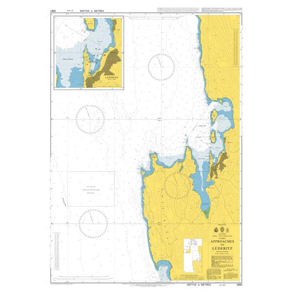 Product image of Admiralty Chart 3861 | Approaches to Luderitz, featuring navigational markings, depth soundings, and coastal features, essential for safe marine navigation. It could be displayed as an art piece or used for navigation on a boat or ship.