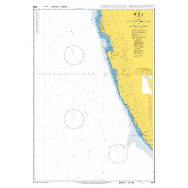 Product image of Admiralty Chart 3869 | Hottentot Point to Chamais Bay, featuring navigational markings, depth soundings, and coastal features, essential for safe marine navigation. It could be displayed as an art piece or used for navigation on a boat or ship.