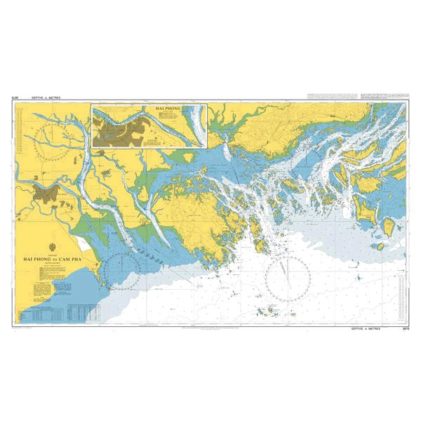 Product image of Admiralty Chart 3875 | Hai Phong to Cam Pha, featuring navigational markings, depth soundings, and coastal features, essential for safe marine navigation. It could be displayed as an art piece or used for navigation on a boat or ship.