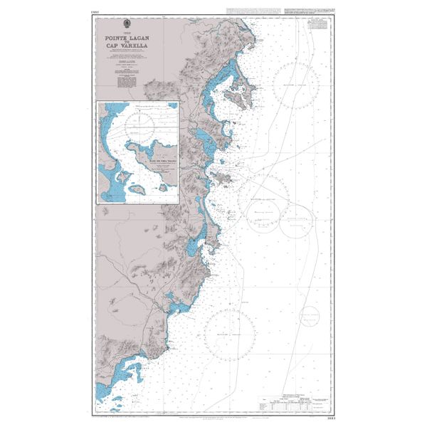 Product image of Admiralty Chart 3883 | Pointe Lagan to Cap Varella, featuring navigational markings, depth soundings, and coastal features, essential for safe marine navigation. It could be displayed as an art piece or used for navigation on a boat or ship.