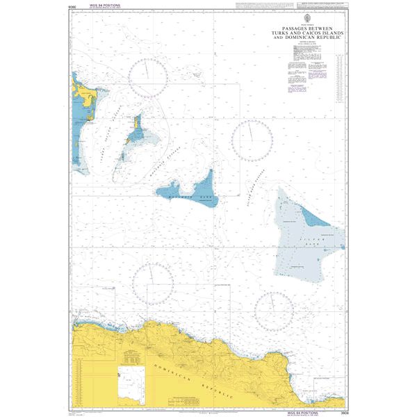 Product image of Admiralty Chart 3908 | Passages Between Turks and Caicos Islands and Dominican Republic, featuring navigational markings, depth soundings, and coastal features, essential for safe marine navigation. It could be displayed as an art piece or used for navigation on a boat or ship.