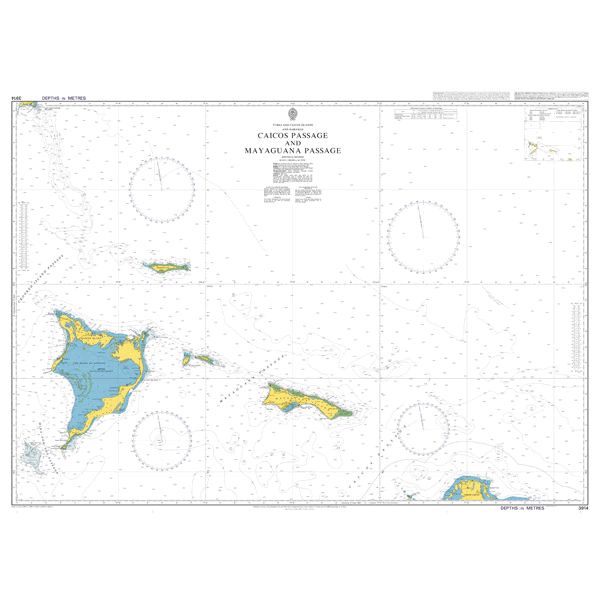 Product image of Admiralty Chart 3914 | Caicos Passage and Mayaguana Passage, featuring navigational markings, depth soundings, and coastal features, essential for safe marine navigation. It could be displayed as an art piece or used for navigation on a boat or ship.