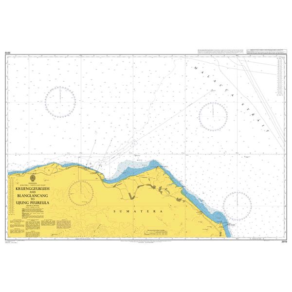 Product image of Admiralty Chart 3919 | Kruenggeukueh and Blanglancang to Ujung Peureula, featuring navigational markings, depth soundings, and coastal features, essential for safe marine navigation. It could be displayed as an art piece or used for navigation on a boat or ship.