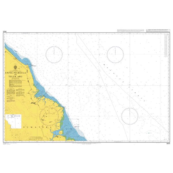 Product image of Admiralty Chart 3920 | Ujung Peureula to Teluk Aru, featuring navigational markings, depth soundings, and coastal features, essential for safe marine navigation. It could be displayed as an art piece or used for navigation on a boat or ship.