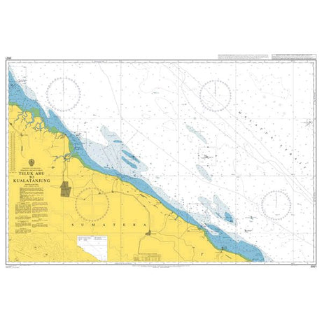 Product image of Admiralty Chart 3921 | Teluk Aru to Kualatanjung, featuring navigational markings, depth soundings, and coastal features, essential for safe marine navigation. It could be displayed as an art piece or used for navigation on a boat or ship.