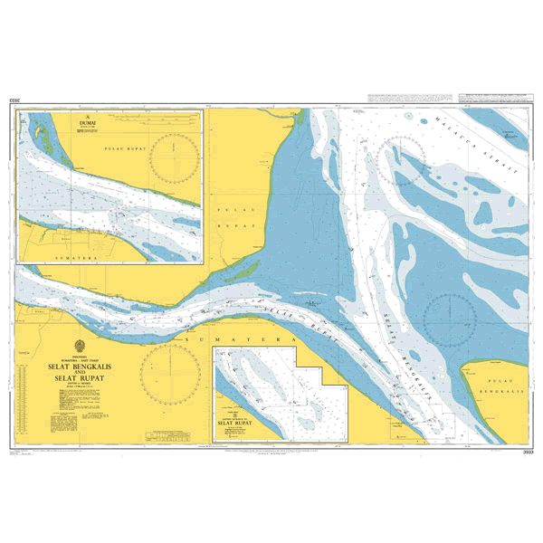 Product image of Admiralty Chart 3933 | Selat Bengkalis and Selat Rupat, featuring navigational markings, depth soundings, and coastal features, essential for safe marine navigation. It could be displayed as an art piece or used for navigation on a boat or ship.