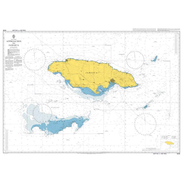 Product image of Admiralty Chart 3936 | Approaches to Jamaica, featuring navigational markings, depth soundings, and coastal features, essential for safe marine navigation. It could be displayed as an art piece or used for navigation on a boat or ship.