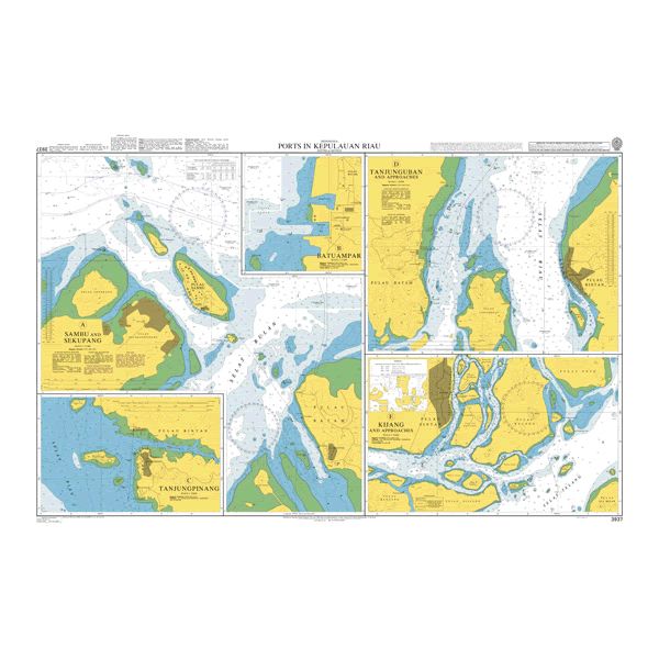 Product image of Admiralty Chart 3937 | Ports in Kepulauan Riau, featuring navigational markings, depth soundings, and coastal features, essential for safe marine navigation. It could be displayed as an art piece or used for navigation on a boat or ship.