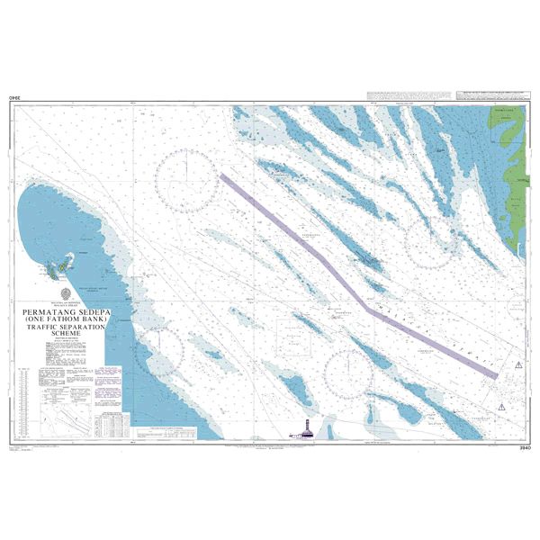 Product image of Admiralty Chart 3940 | Permatang Sedepa (One Fathom Bank) Traffic Separation Scheme, featuring navigational markings, depth soundings, and coastal features, essential for safe marine navigation. It could be displayed as an art piece or used for navigation on a boat or ship.